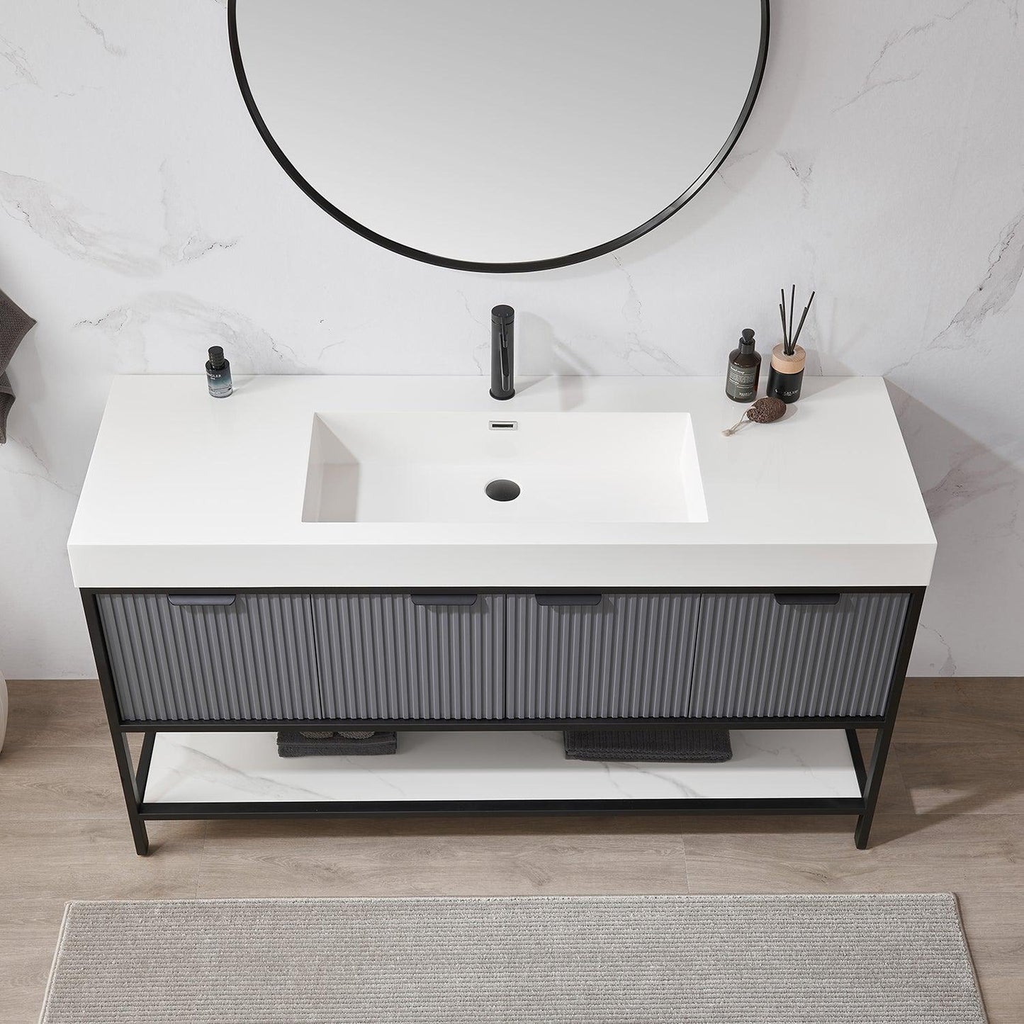 Vinnova Marcilla 60" Single Sink Bath Vanity In Grey With One-Piece Composite Stone Sink Top And Mirror