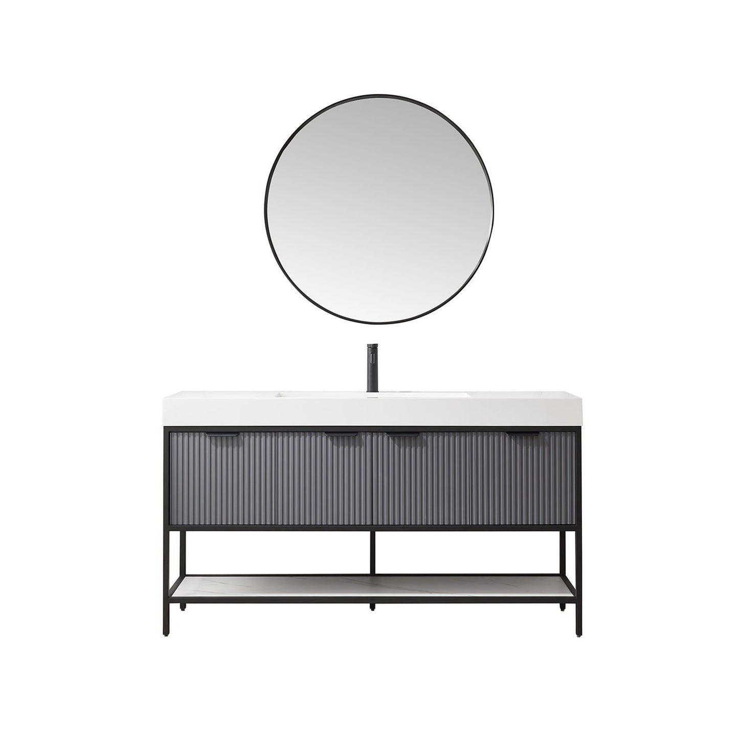 Vinnova Marcilla 60" Single Sink Bath Vanity In Grey With One-Piece Composite Stone Sink Top And Mirror