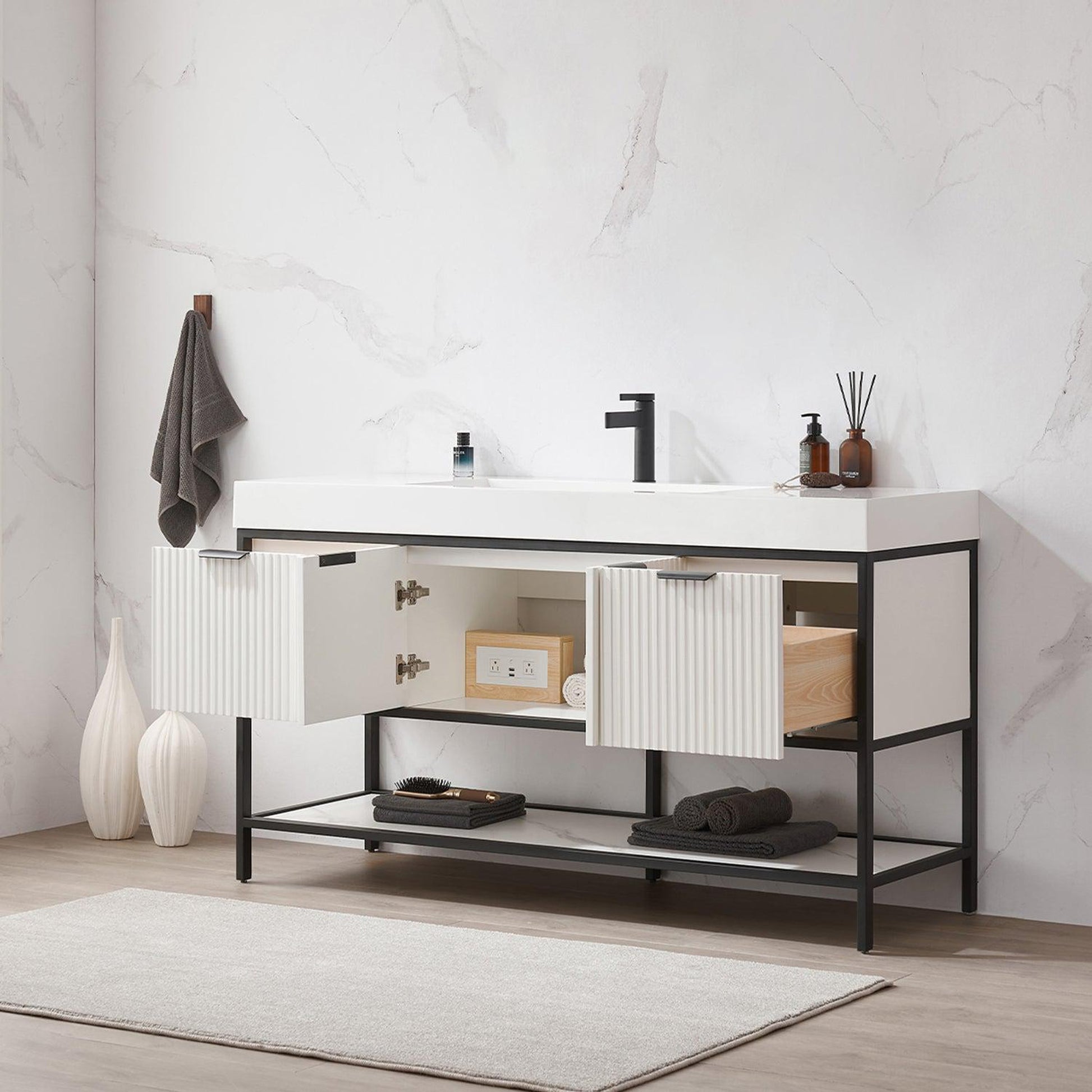 Vinnova Marcilla 60" Single Sink Bath Vanity In White With One-Piece Composite Stone Sink Top