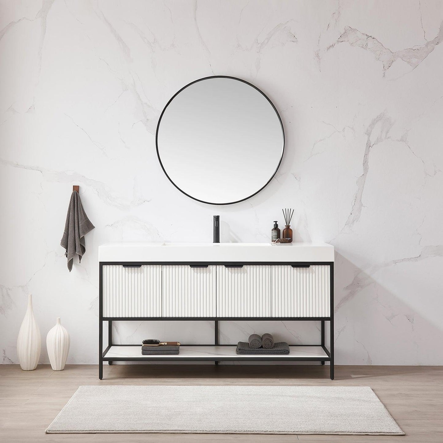 Vinnova Marcilla 60" Single Sink Bath Vanity In White With One-Piece Composite Stone Sink Top And Mirror