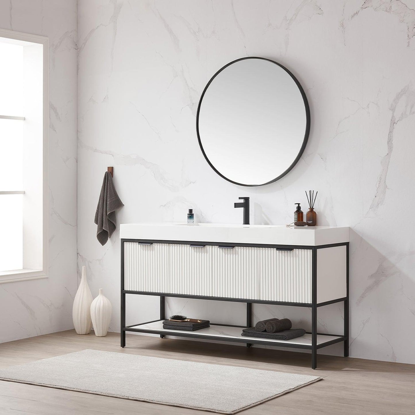 Vinnova Marcilla 60" Single Sink Bath Vanity In White With One-Piece Composite Stone Sink Top And Mirror