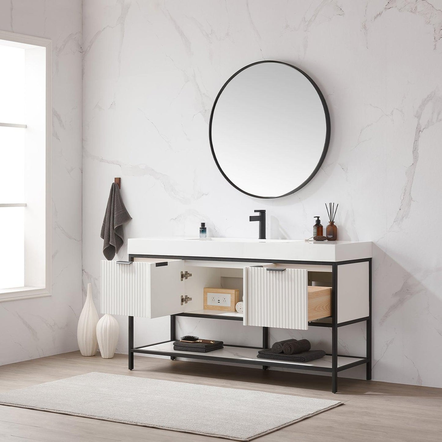 Vinnova Marcilla 60" Single Sink Bath Vanity In White With One-Piece Composite Stone Sink Top And Mirror
