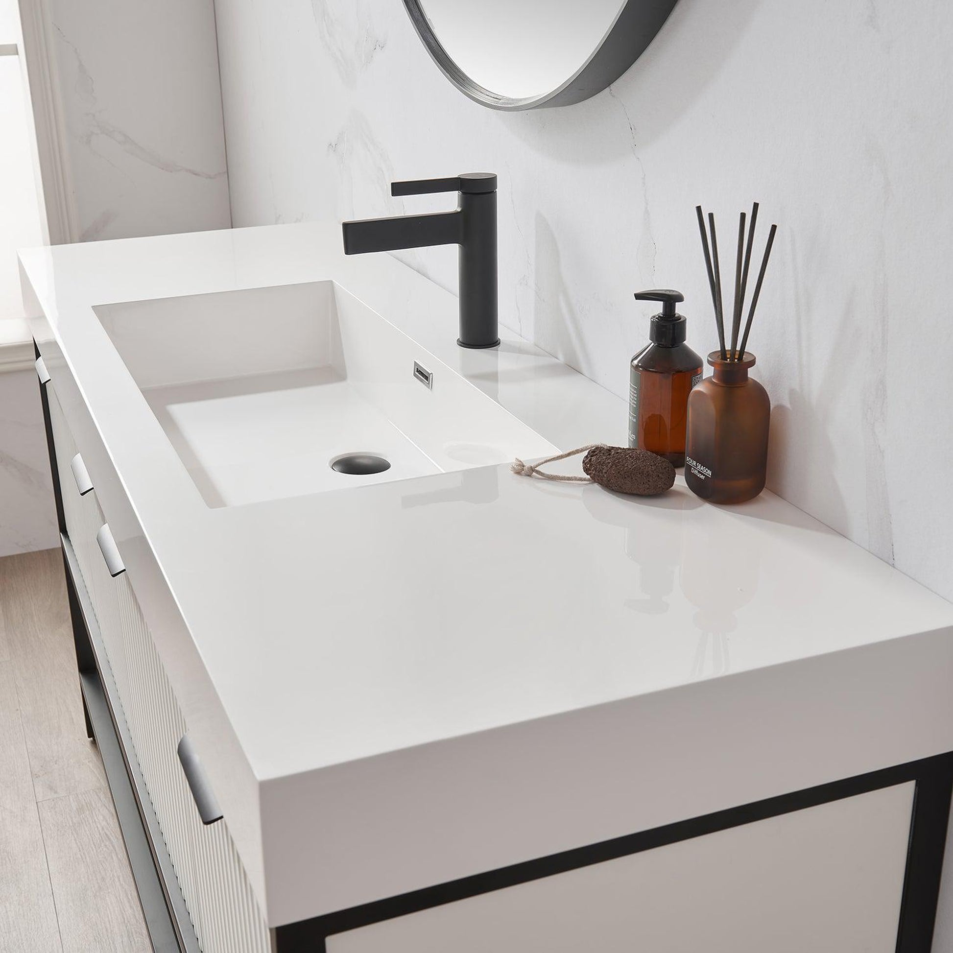 Vinnova Marcilla 60" Single Sink Bath Vanity In White With One-Piece Composite Stone Sink Top And Mirror