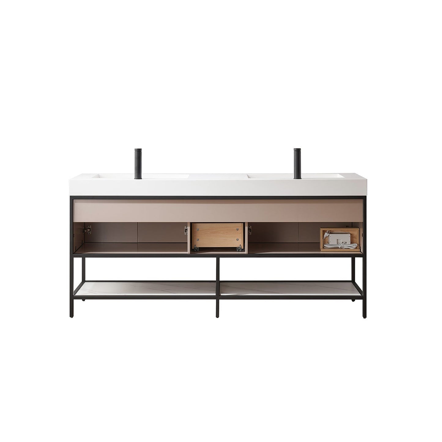 Vinnova Marcilla 72" Double Sink Bath Vanity In Almond Coffee With One-Piece Composite Stone Sink Top And Mirror