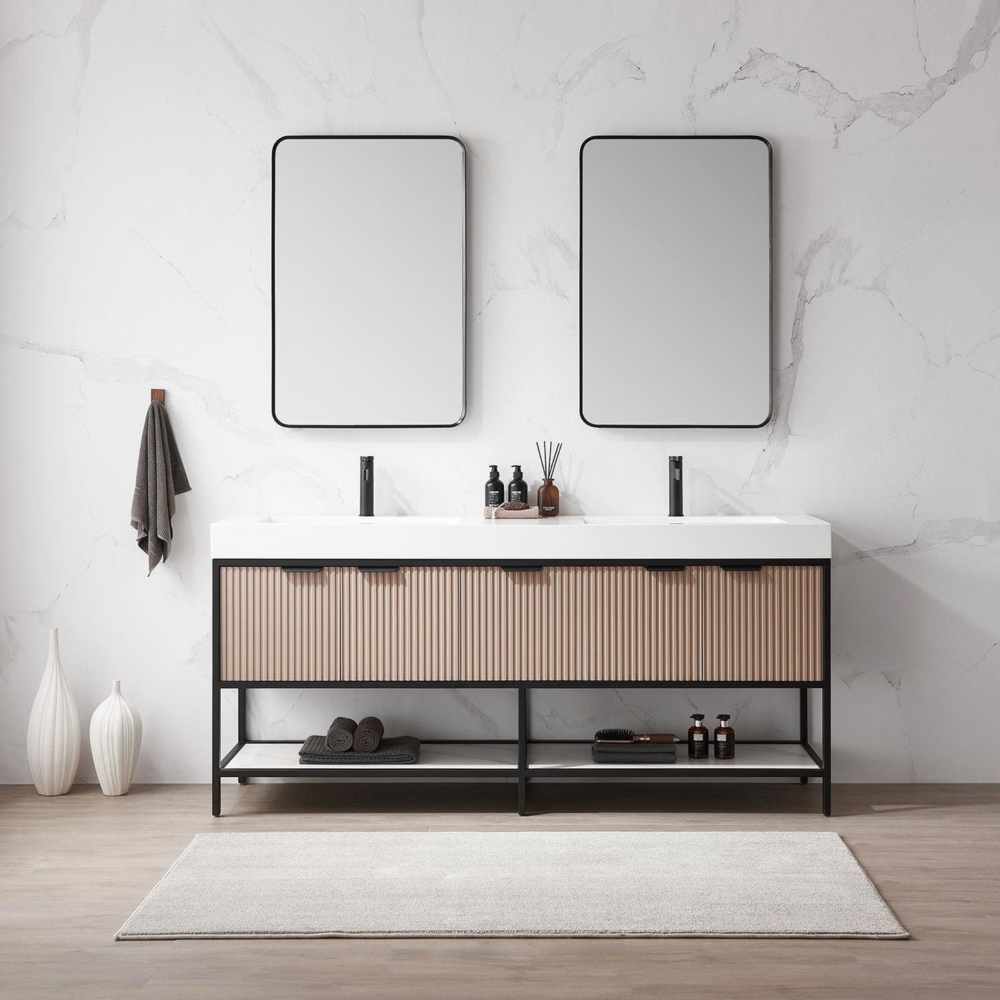 Vinnova Marcilla 72" Double Sink Bath Vanity In Almond Coffee With One-Piece Composite Stone Sink Top And Mirror