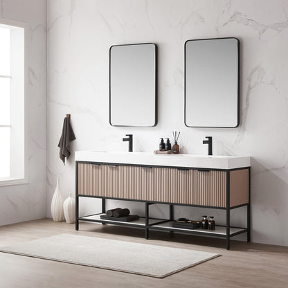 Vinnova Marcilla 72" Double Sink Bath Vanity In Almond Coffee With One-Piece Composite Stone Sink Top And Mirror