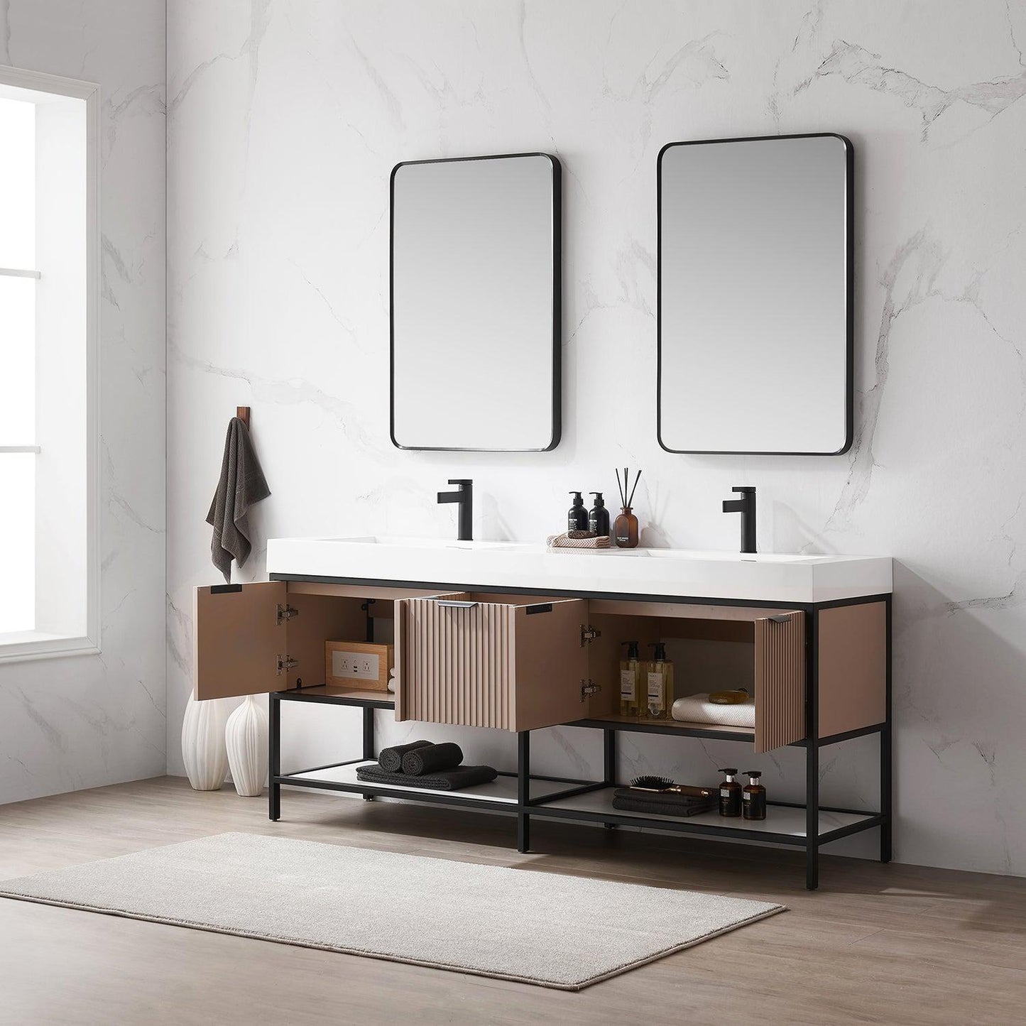 Vinnova Marcilla 72" Double Sink Bath Vanity In Almond Coffee With One-Piece Composite Stone Sink Top And Mirror