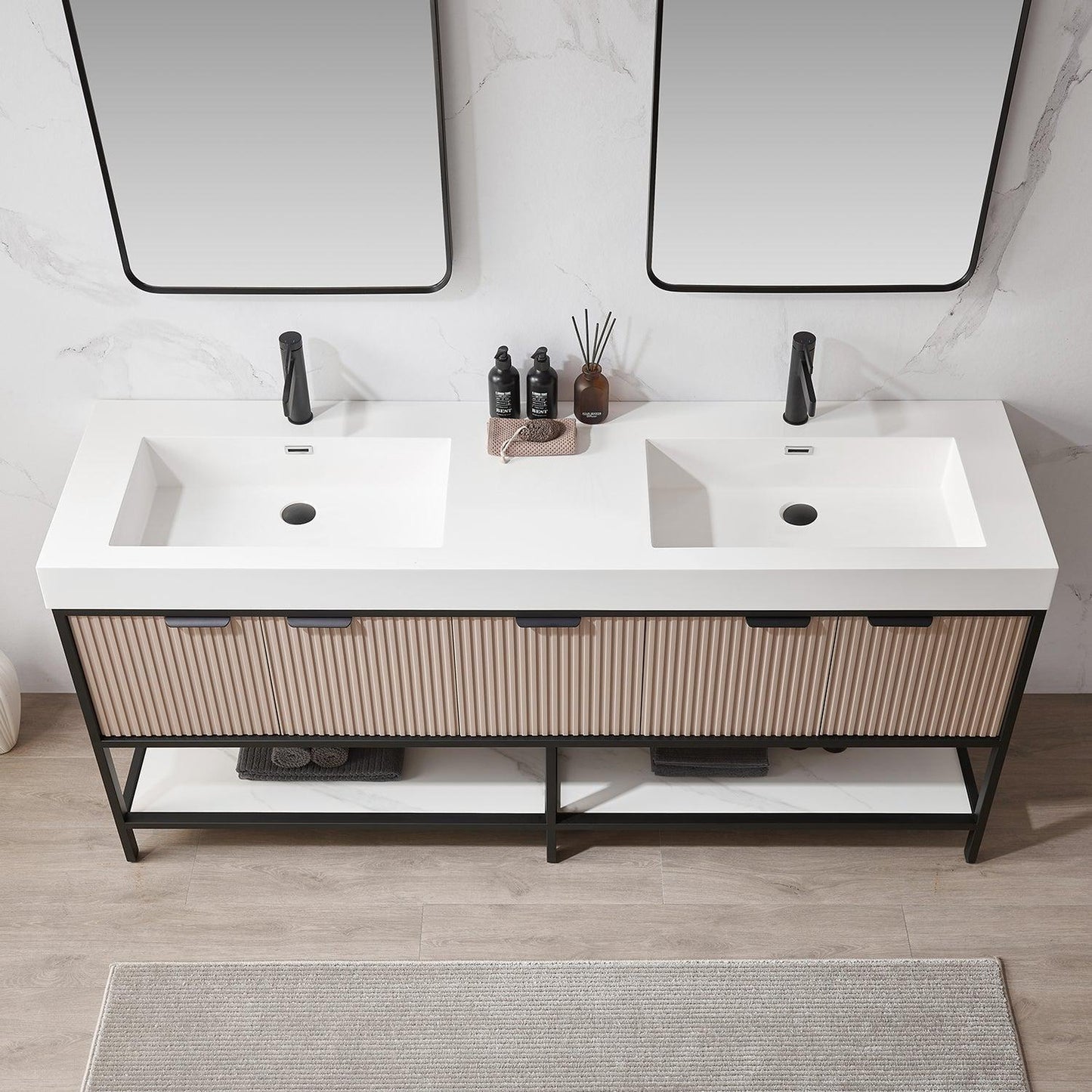 Vinnova Marcilla 72" Double Sink Bath Vanity In Almond Coffee With One-Piece Composite Stone Sink Top And Mirror