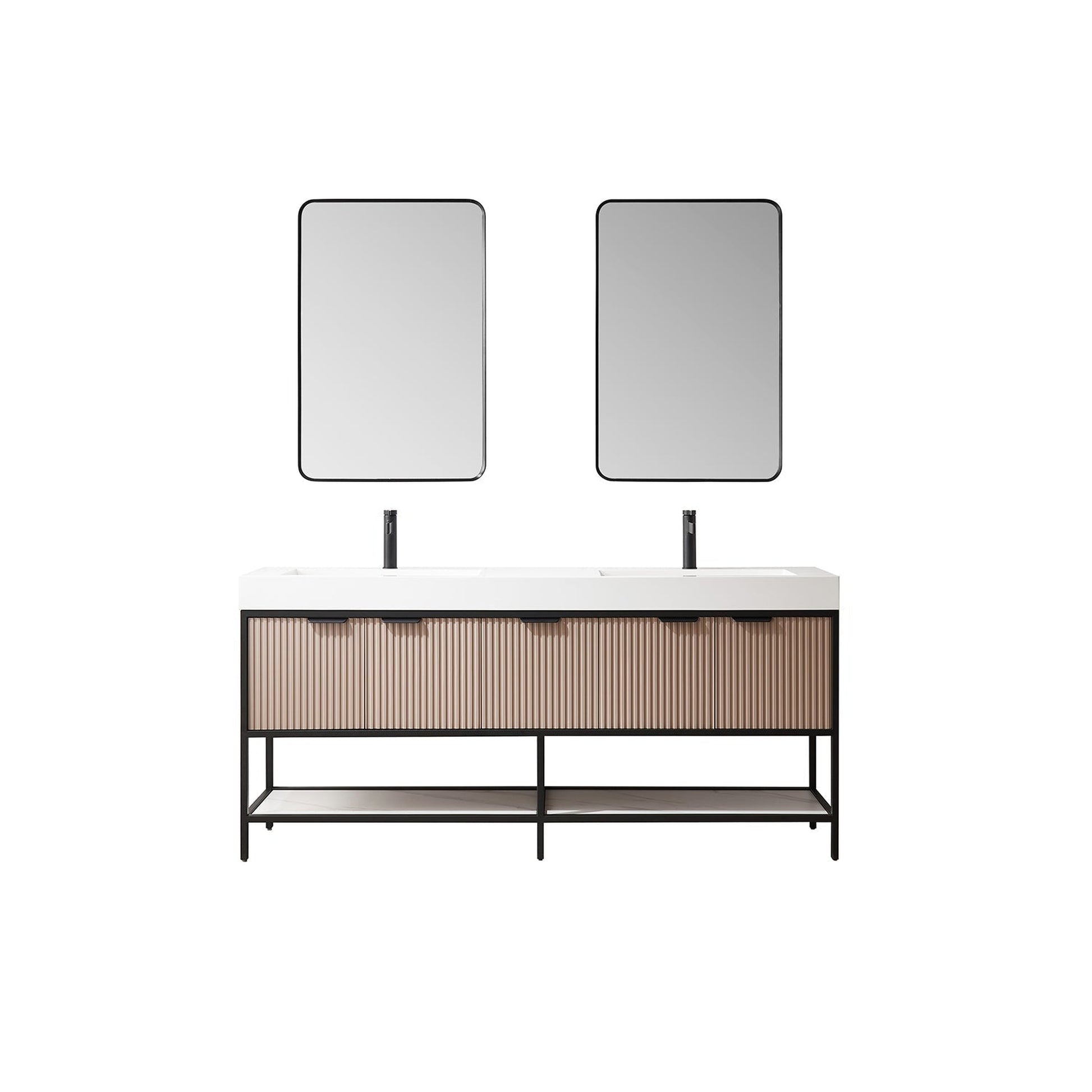 Vinnova Marcilla 72" Double Sink Bath Vanity In Almond Coffee With One-Piece Composite Stone Sink Top And Mirror
