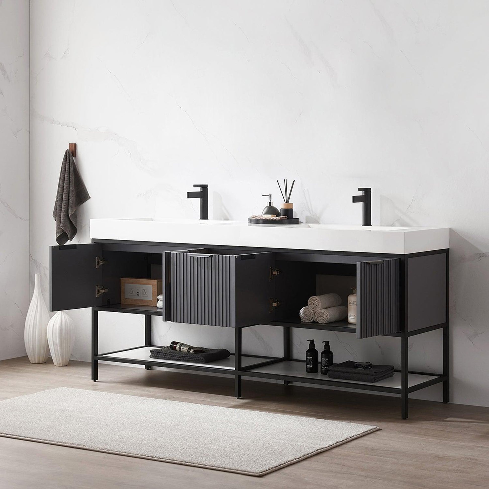 Vinnova Marcilla 72" Double Sink Bath Vanity In Grey With One-Piece Composite Stone Sink Top