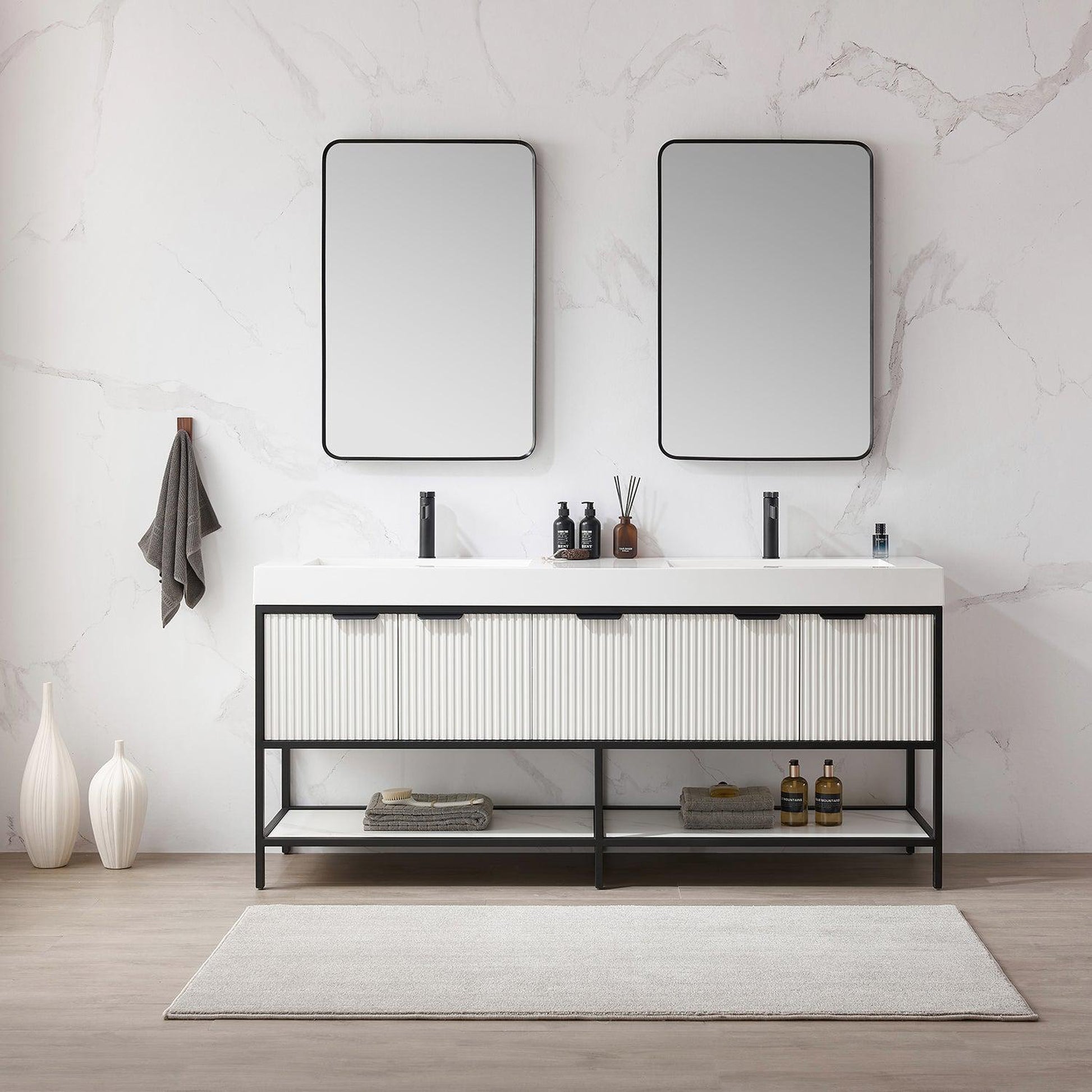 Vinnova Marcilla 72" Double Sink Bath Vanity In White With One-Piece Composite Stone Sink Top And Mirror