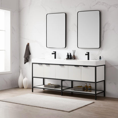 Vinnova Marcilla 72" Double Sink Bath Vanity In White With One-Piece Composite Stone Sink Top And Mirror