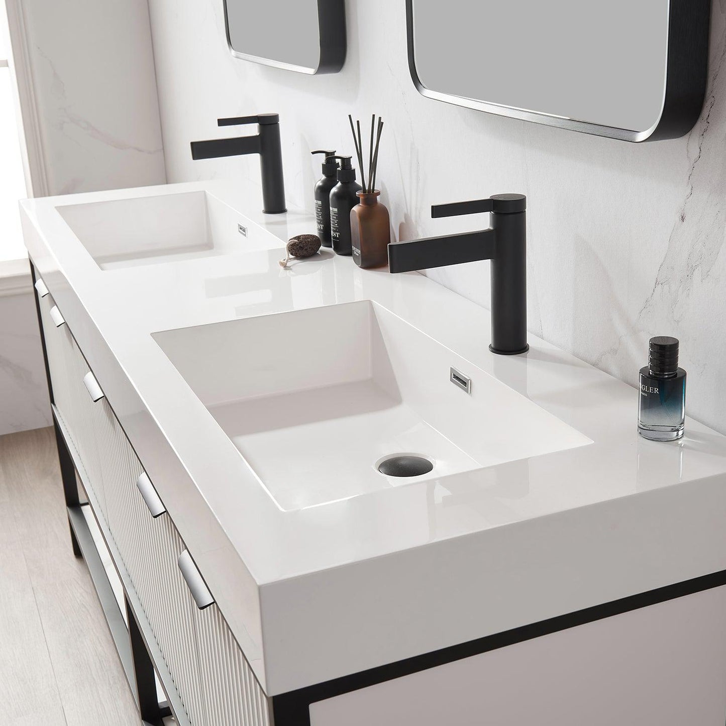 Vinnova Marcilla 72" Double Sink Bath Vanity In White With One-Piece Composite Stone Sink Top And Mirror