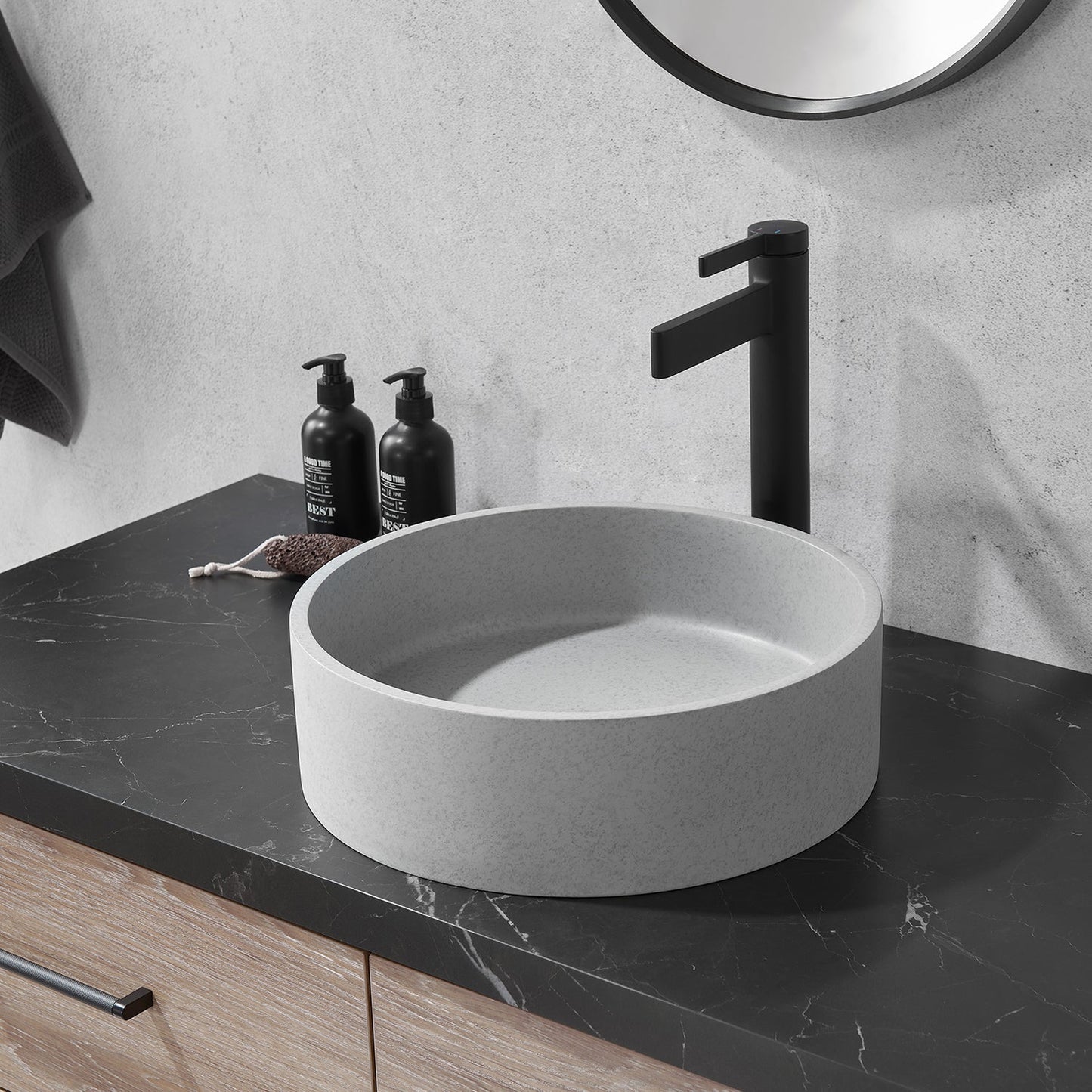 Vinnova Moguer 15" Grey Concrete Circular Vessel Bathroom Sink