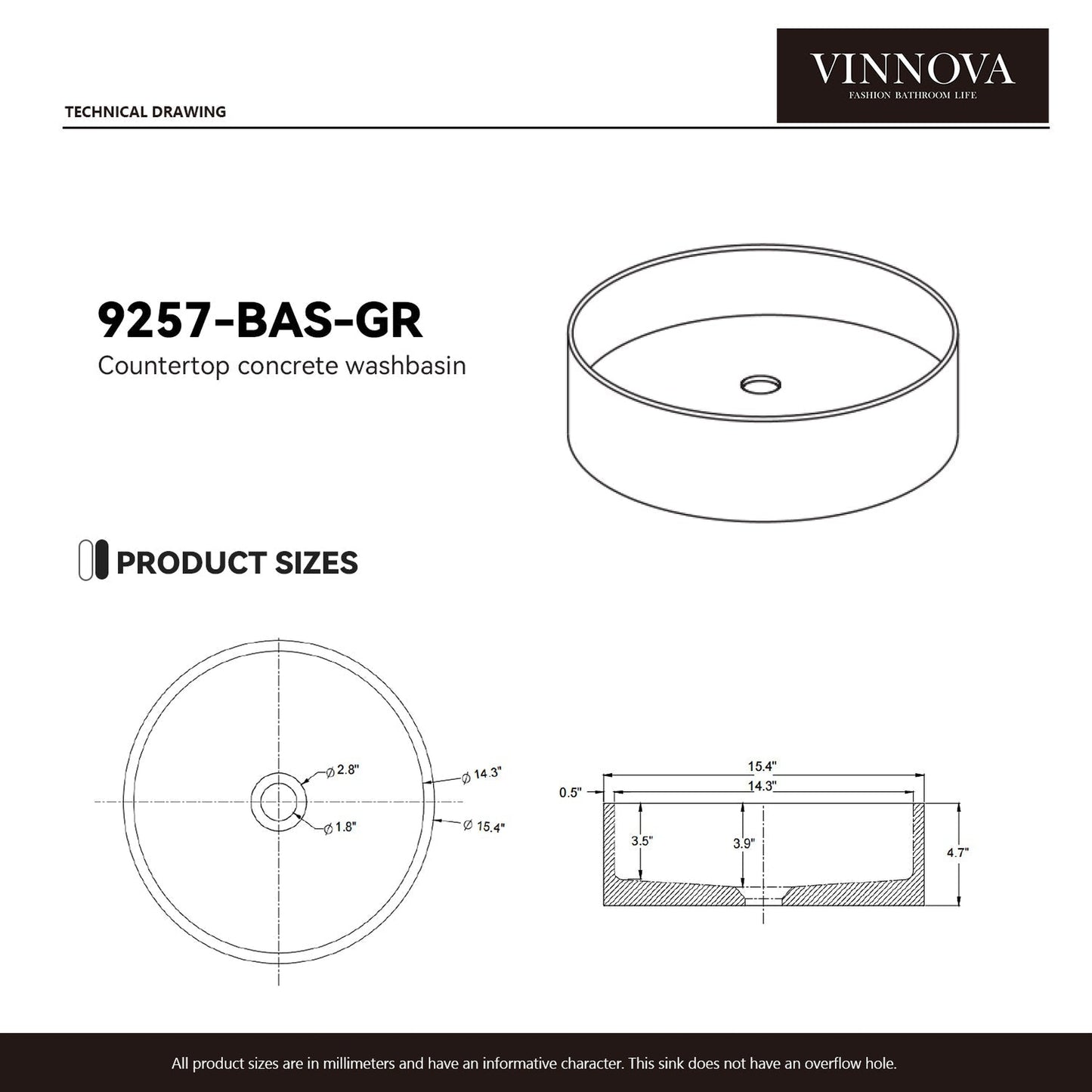 Vinnova Moguer 15" Grey Concrete Circular Vessel Bathroom Sink