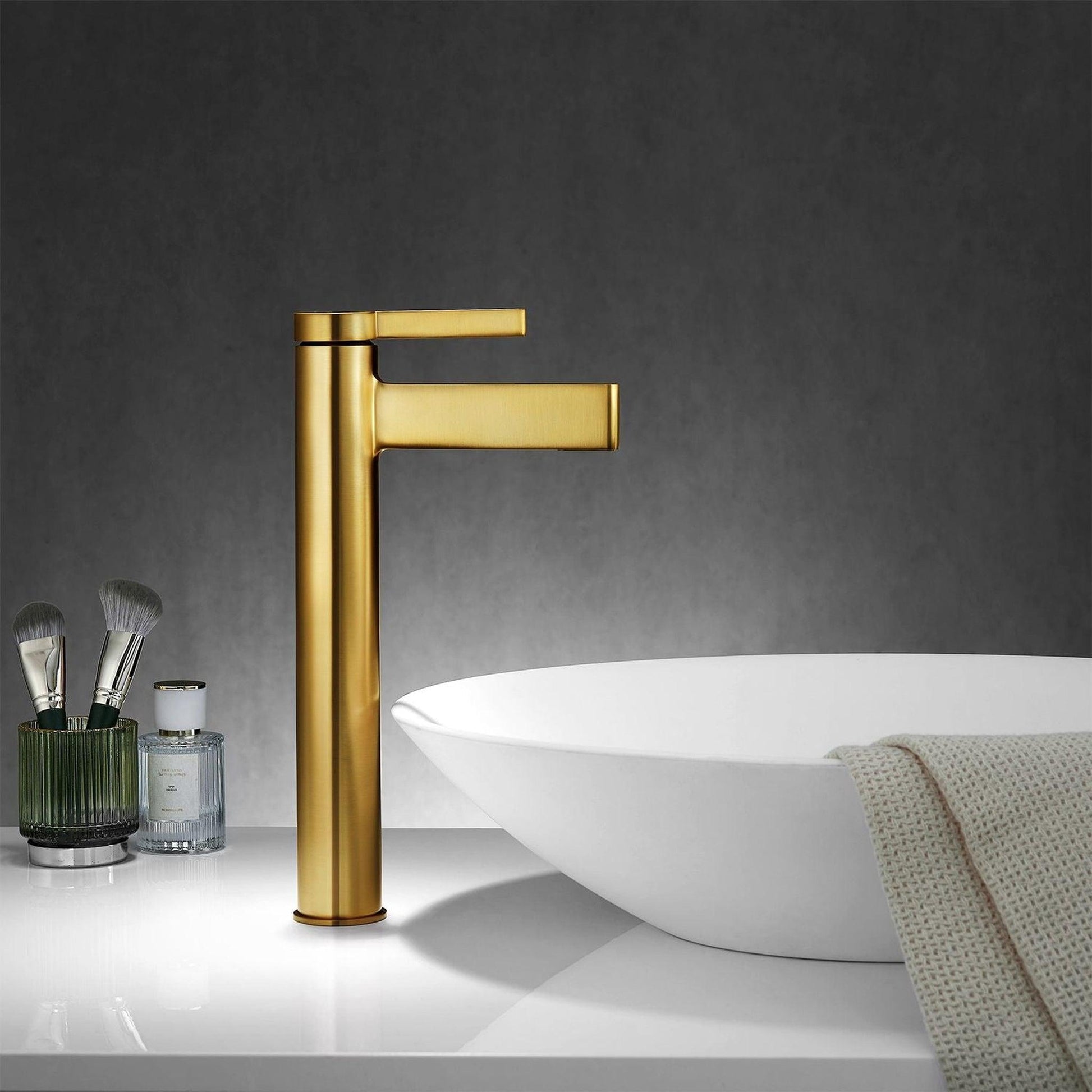 Vinnova Oviedo 12" Single High-Handle Hole Lever Vessel Brushed Gold Bathroom Faucet