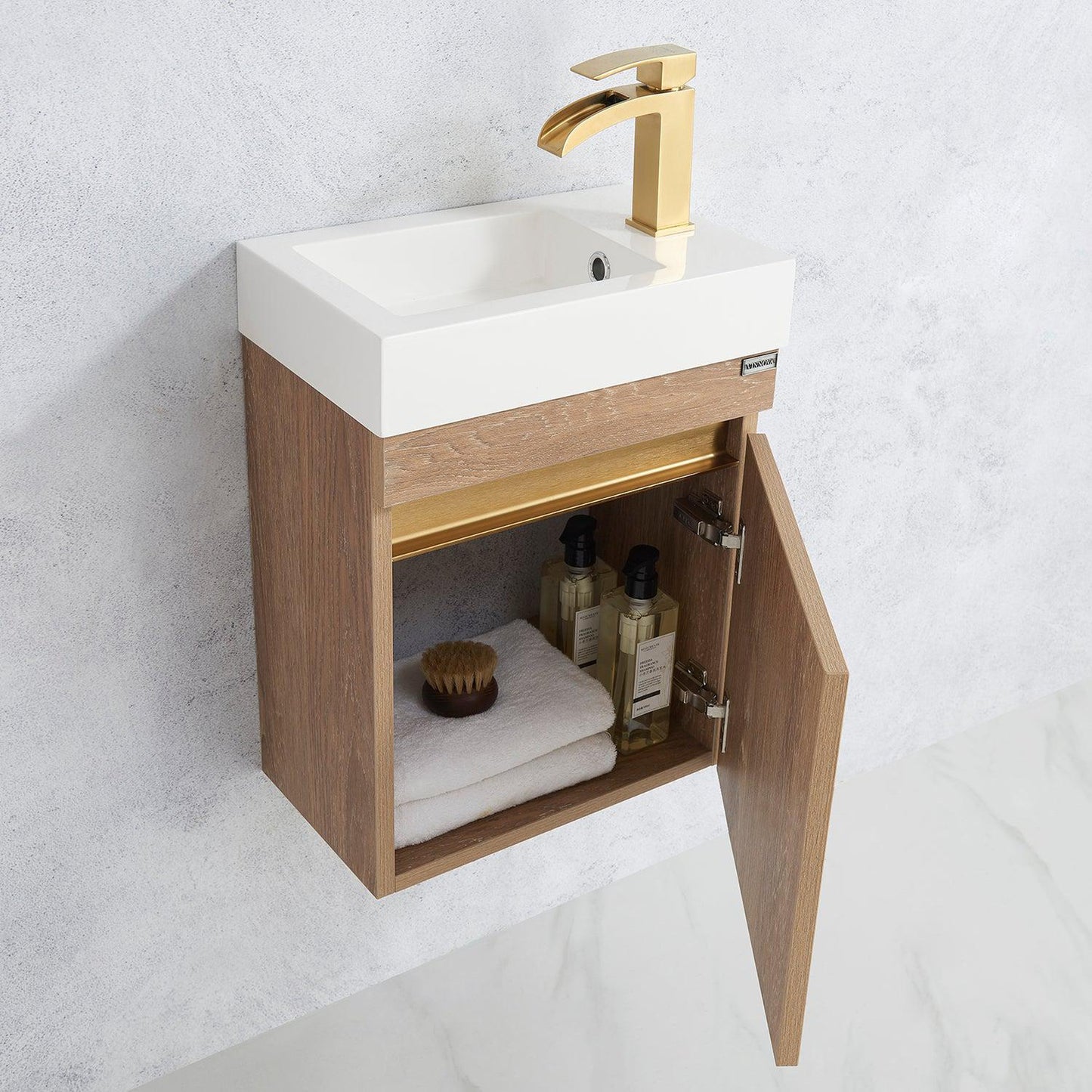 Vinnova Palencia 16" Single Sink Wall-Mount Bath Vanity In North American Oak With White Composite Integral Square Sink Top