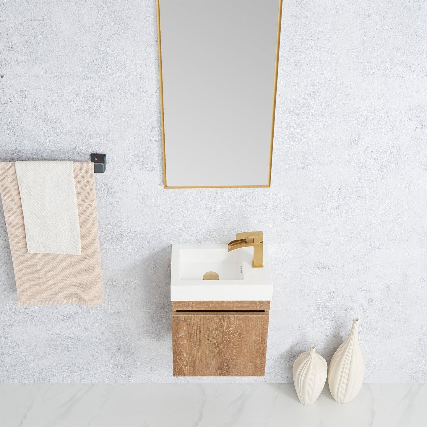 Vinnova Palencia 16" Single Sink Wall-Mount Bath Vanity In North American Oak With White Composite Integral Square Sink Top And Mirror