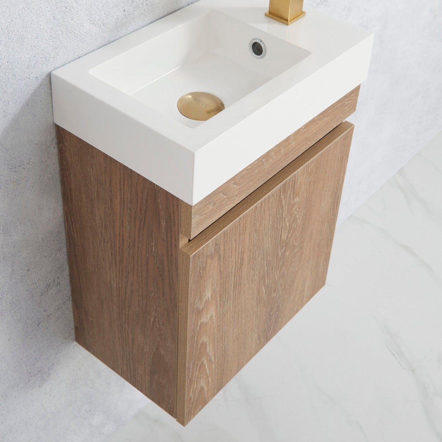 Vinnova Palencia 16" Single Sink Wall-Mount Bath Vanity In North American Oak With White Composite Integral Square Sink Top And Mirror