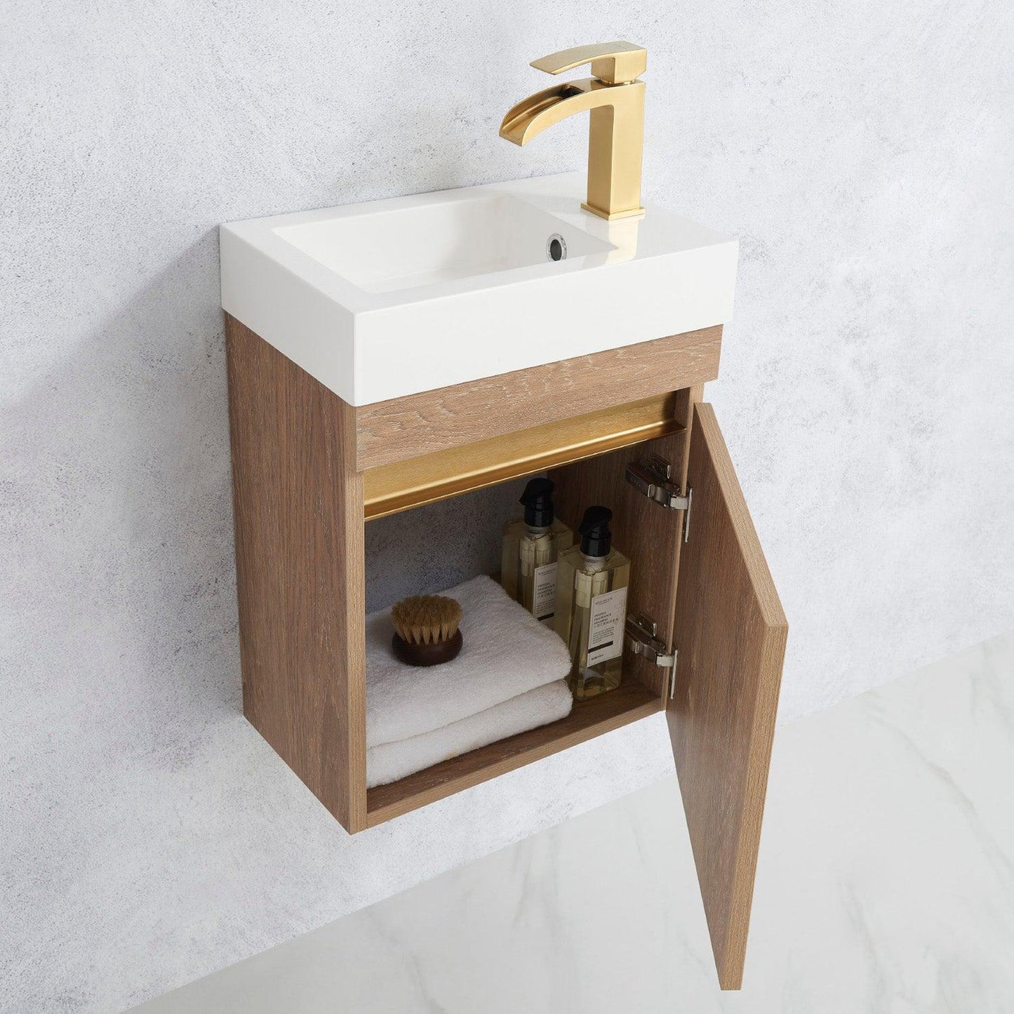 Vinnova Palencia 16" Single Sink Wall-Mount Bath Vanity In North American Oak With White Composite Integral Square Sink Top And Mirror