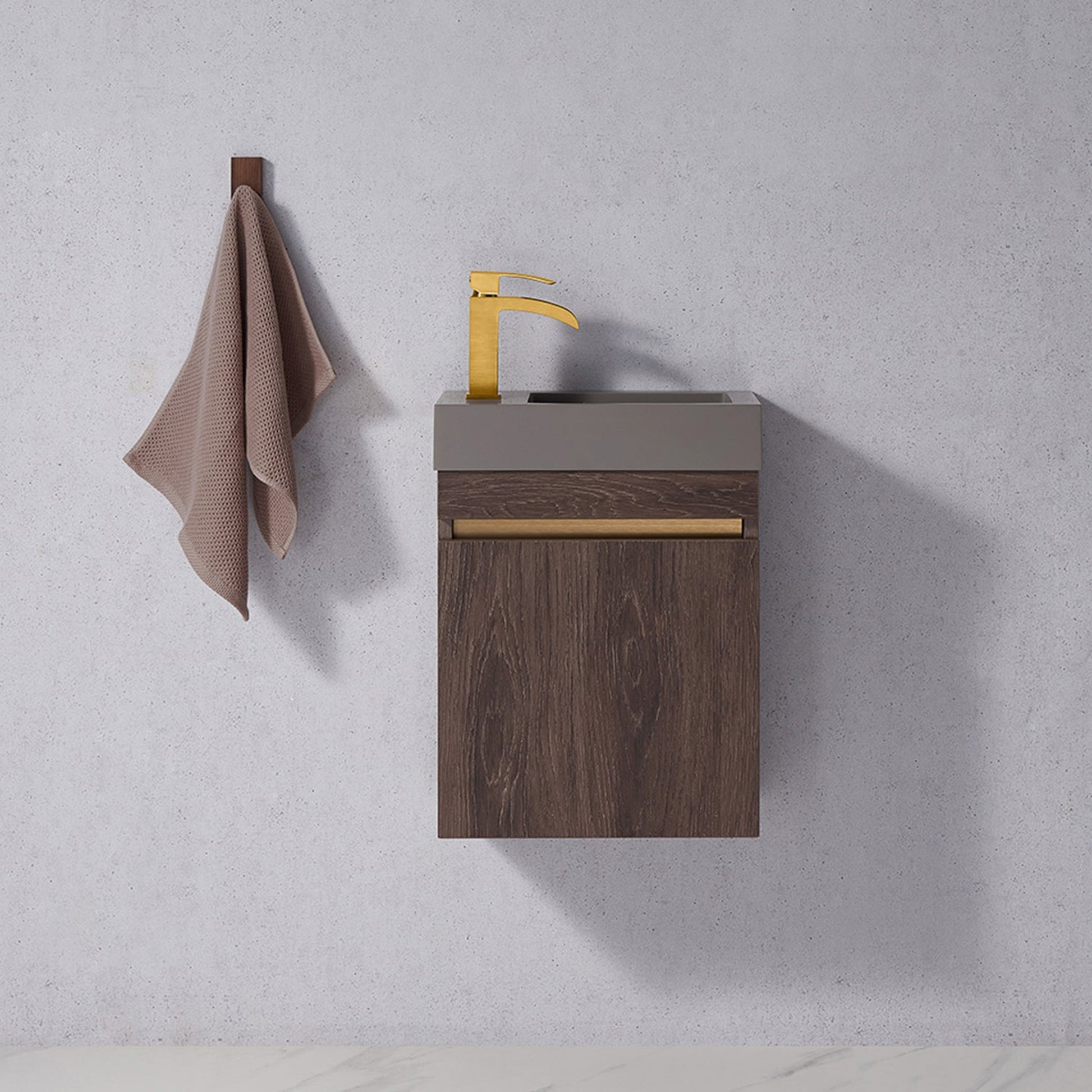 Vinnova Palencia 16" Single Sink Wall-Mount Bath Vanity In North Carolina Oak With Grey Composite Integral Square Sink Top