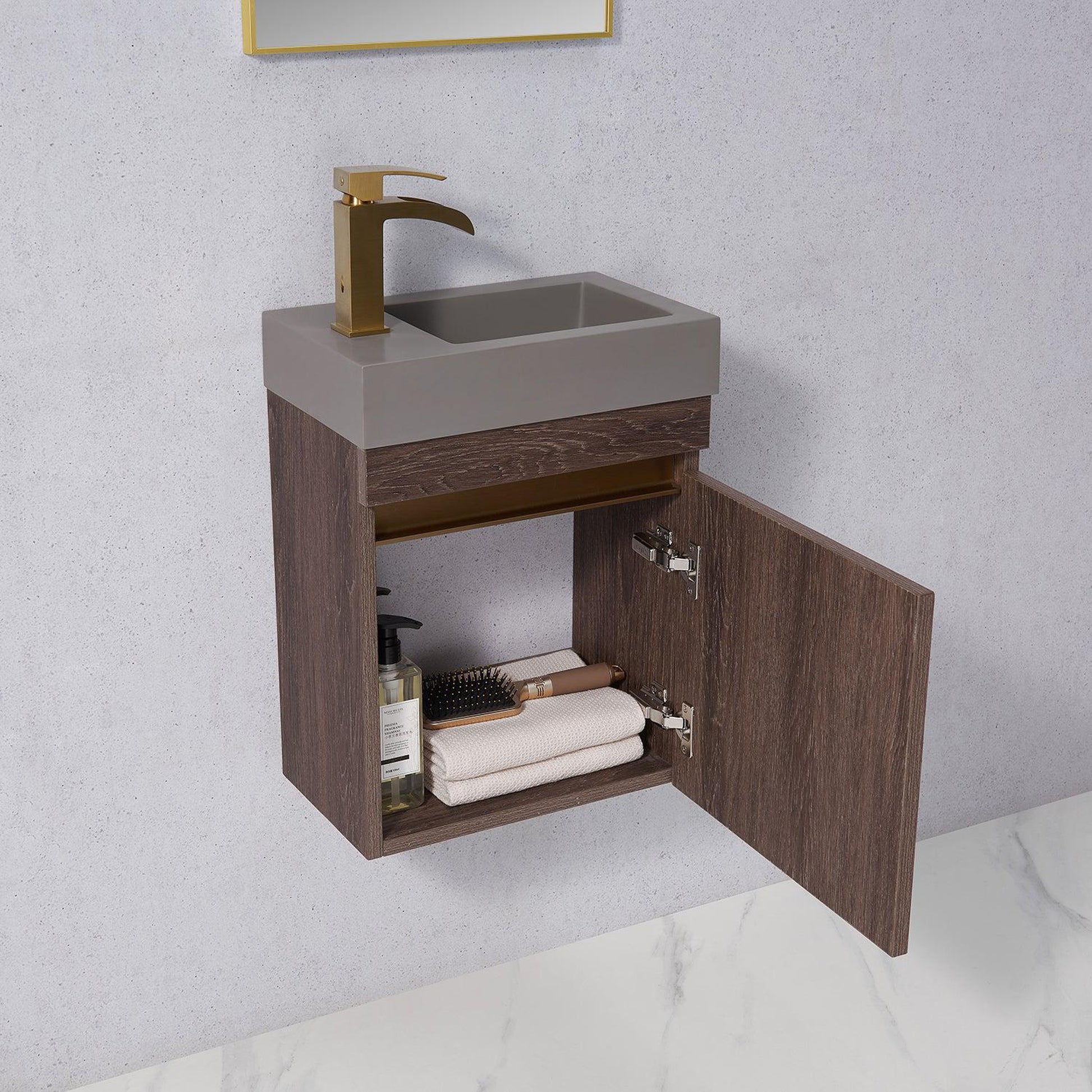 Vinnova Palencia 16" Single Sink Wall-Mount Bath Vanity In North Carolina Oak With Grey Composite Integral Square Sink Top And Mirror