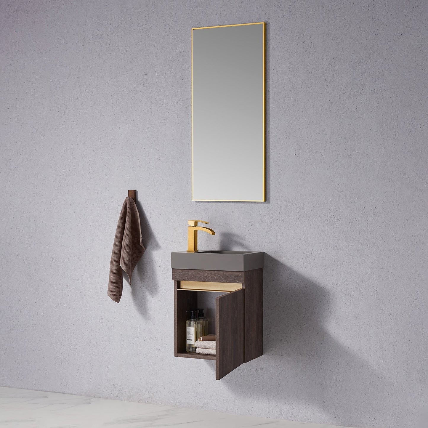 Vinnova Palencia 16" Single Sink Wall-Mount Bath Vanity In North Carolina Oak With Grey Composite Integral Square Sink Top And Mirror