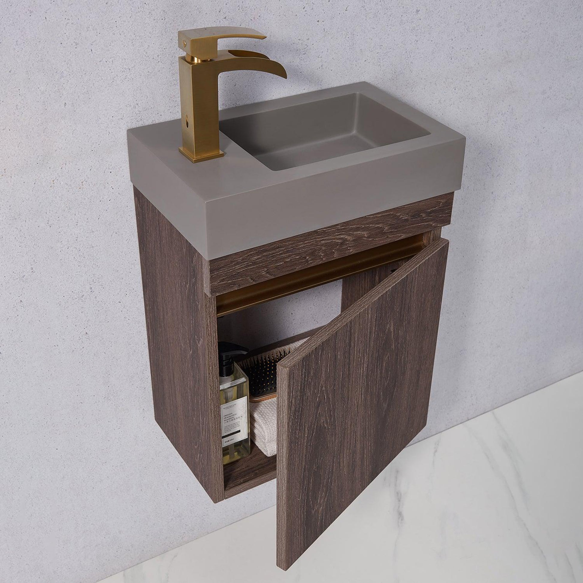 Vinnova Palencia 16" Single Sink Wall-Mount Bath Vanity In North Carolina Oak With Grey Composite Integral Square Sink Top And Mirror