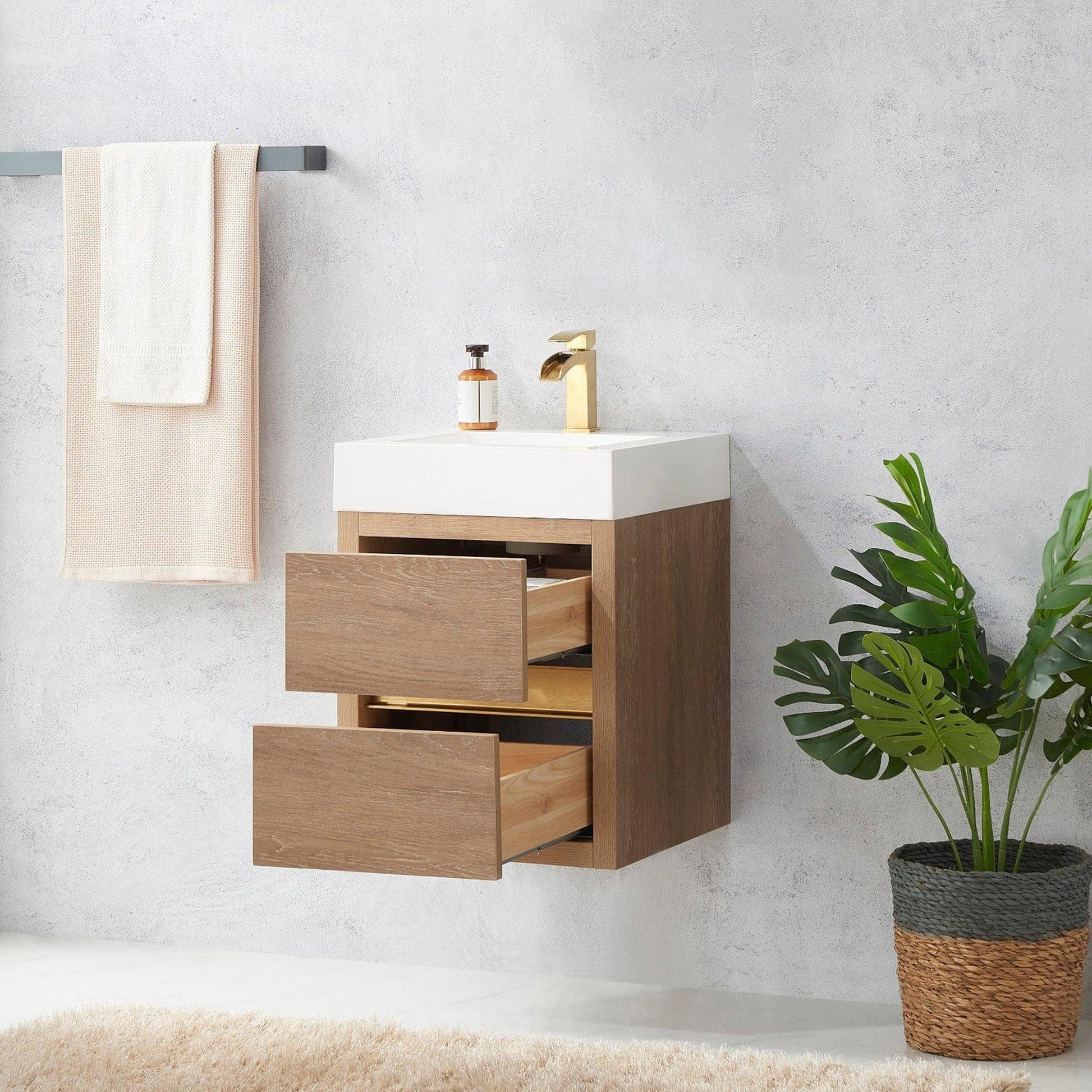 Vinnova Palencia 18" Single Sink Wall-Mount Bath Vanity In North American Oak With White Composite Integral Square Sink Top
