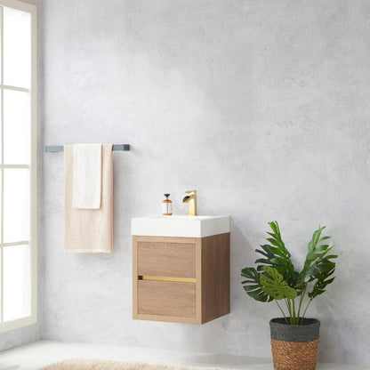 Vinnova Palencia 18" Single Sink Wall-Mount Bath Vanity In North American Oak With White Composite Integral Square Sink Top