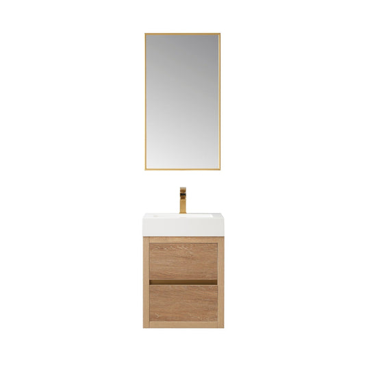 Vinnova Palencia 18" Single Sink Wall-Mount Bath Vanity In North American Oak With White Composite Integral Square Sink Top And Mirror