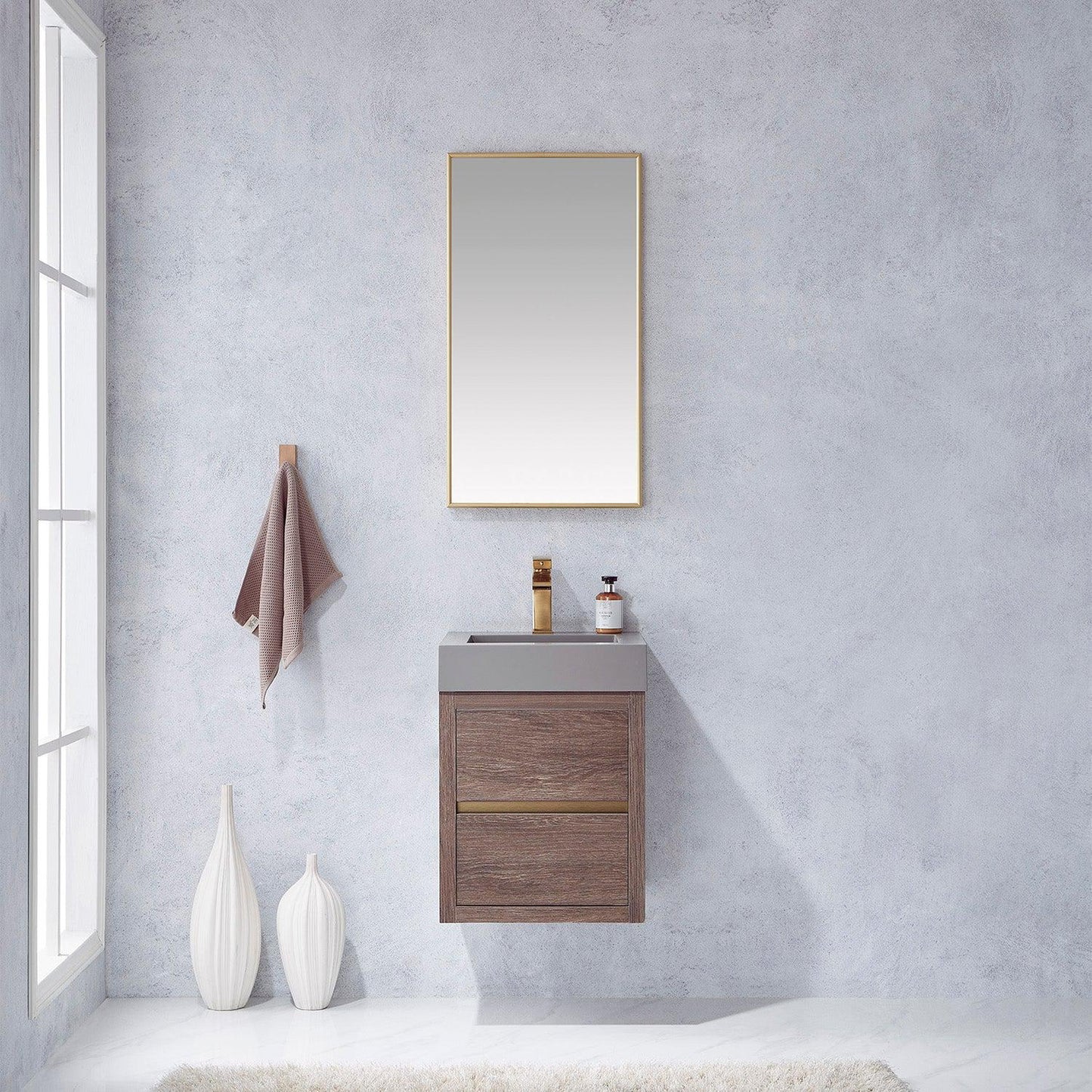 Vinnova Palencia 18" Single Sink Wall-Mount Bath Vanity In North Carolina Oak With Grey Composite Integral Square Sink Top And Mirror