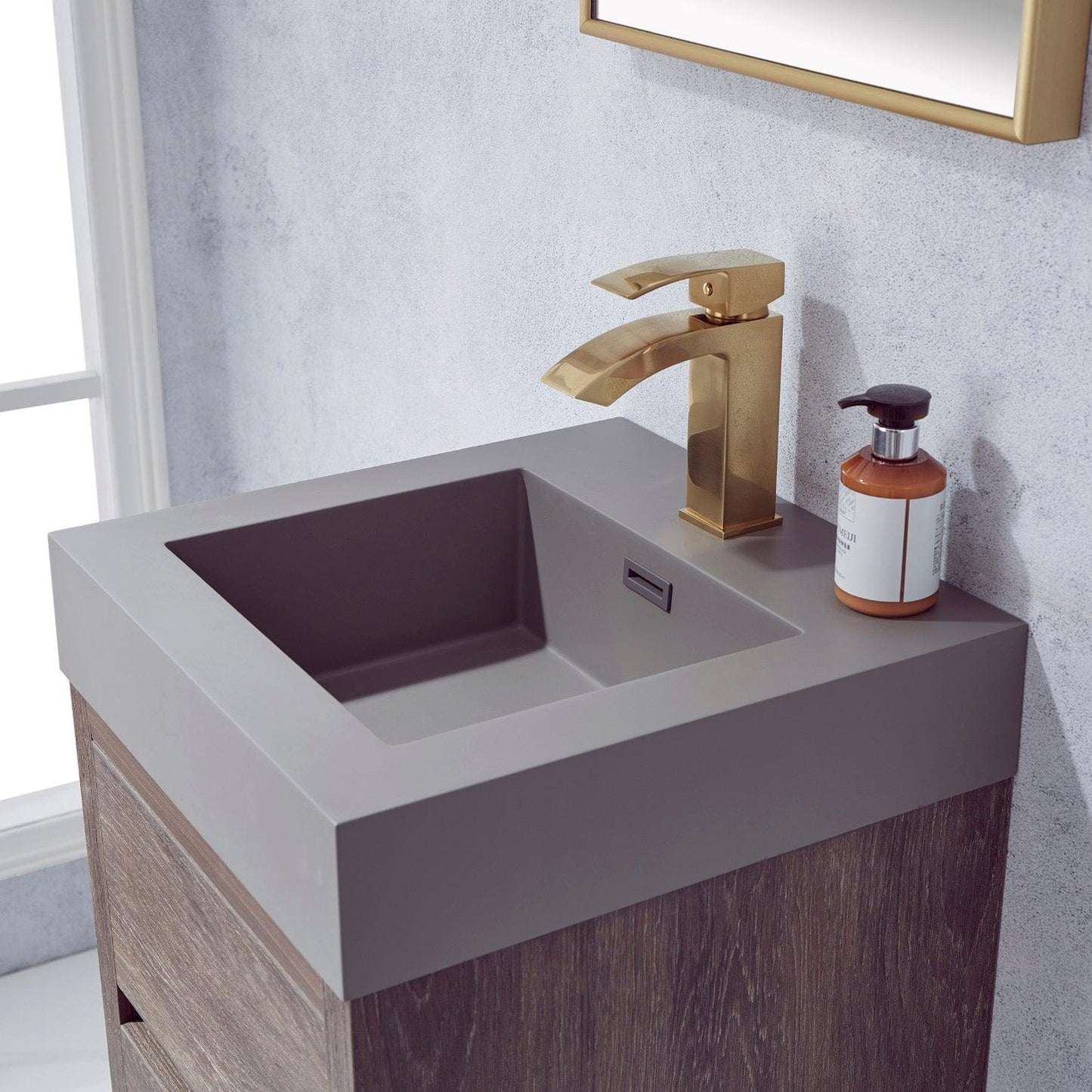 Vinnova Palencia 18" Single Sink Wall-Mount Bath Vanity In North Carolina Oak With Grey Composite Integral Square Sink Top And Mirror
