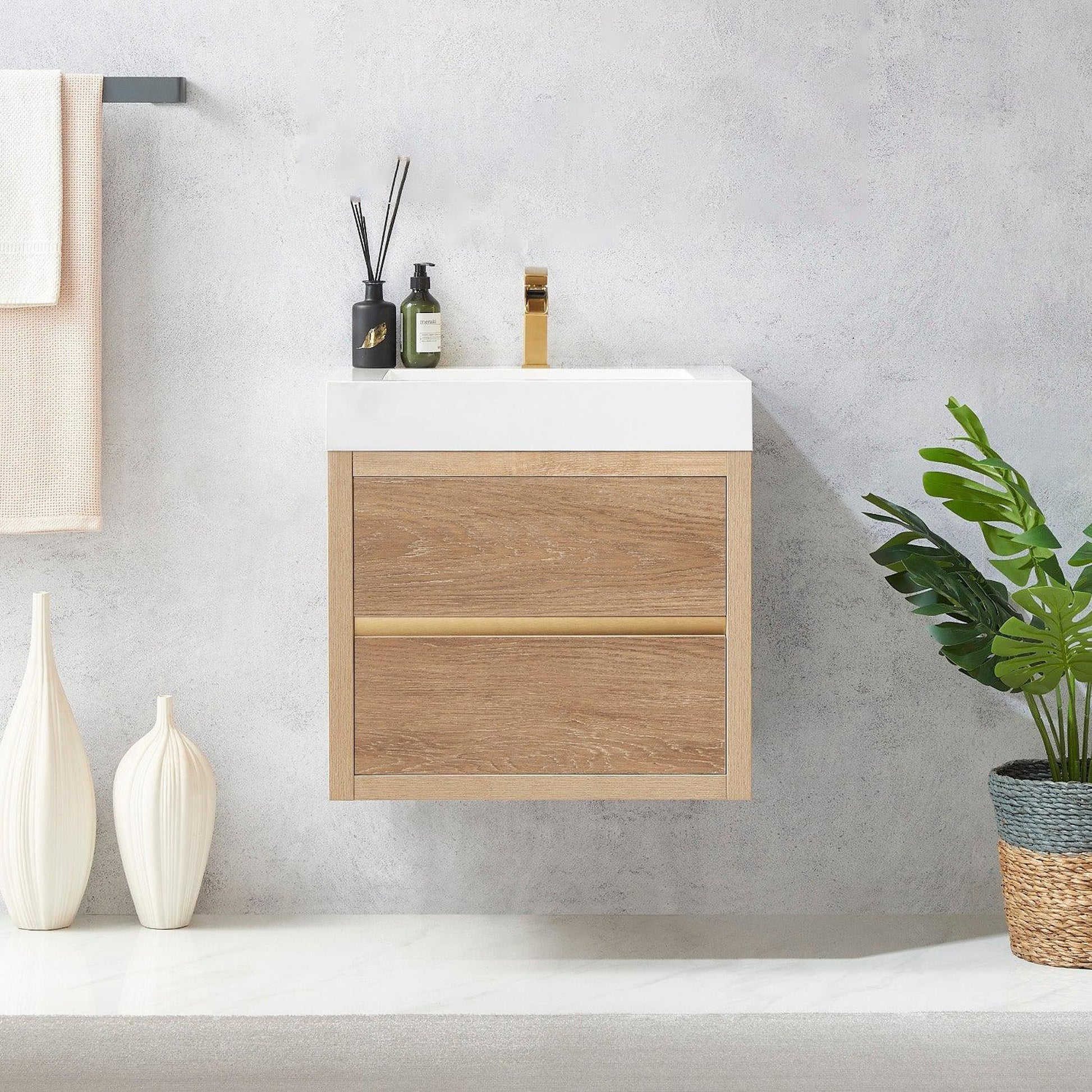 Vinnova Palencia 24" Single Sink Wall-Mount Bath Vanity In North American Oak With White Composite Integral Square Sink Top