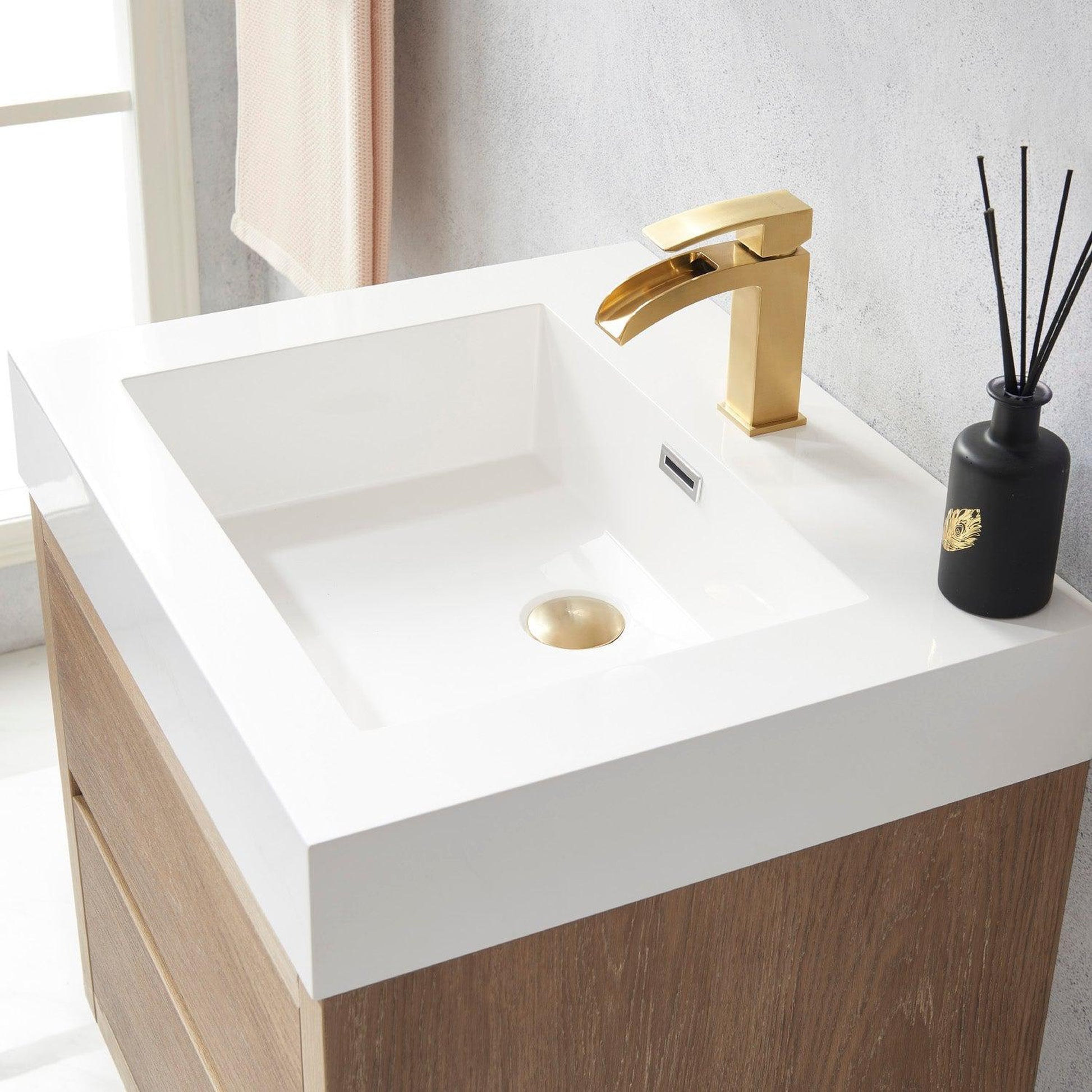 Vinnova Palencia 24" Single Sink Wall-Mount Bath Vanity In North American Oak With White Composite Integral Square Sink Top