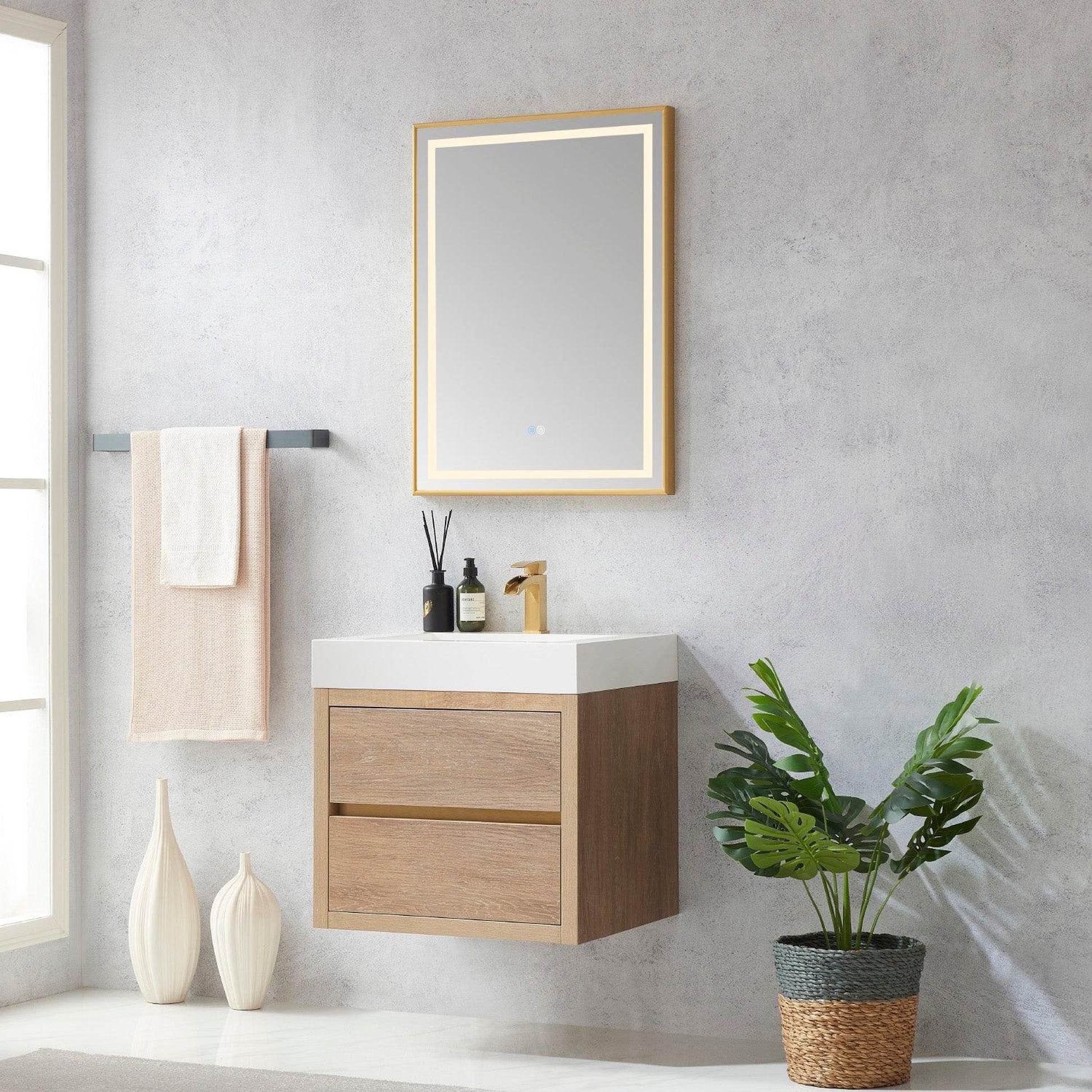 Vinnova Palencia 24" Single Sink Wall-Mount Bath Vanity In North American Oak With White Composite Integral Square Sink Top And Mirror