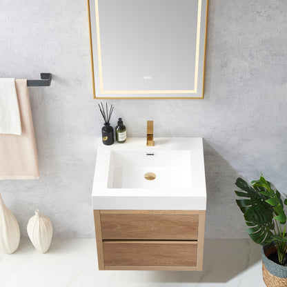 Vinnova Palencia 24" Single Sink Wall-Mount Bath Vanity In North American Oak With White Composite Integral Square Sink Top And Mirror