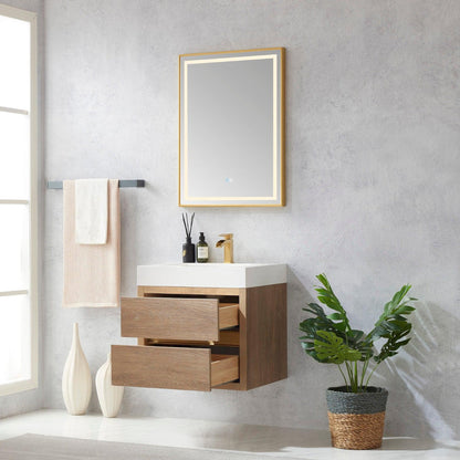 Vinnova Palencia 24" Single Sink Wall-Mount Bath Vanity In North American Oak With White Composite Integral Square Sink Top And Mirror
