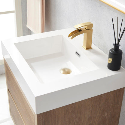 Vinnova Palencia 24" Single Sink Wall-Mount Bath Vanity In North American Oak With White Composite Integral Square Sink Top And Mirror