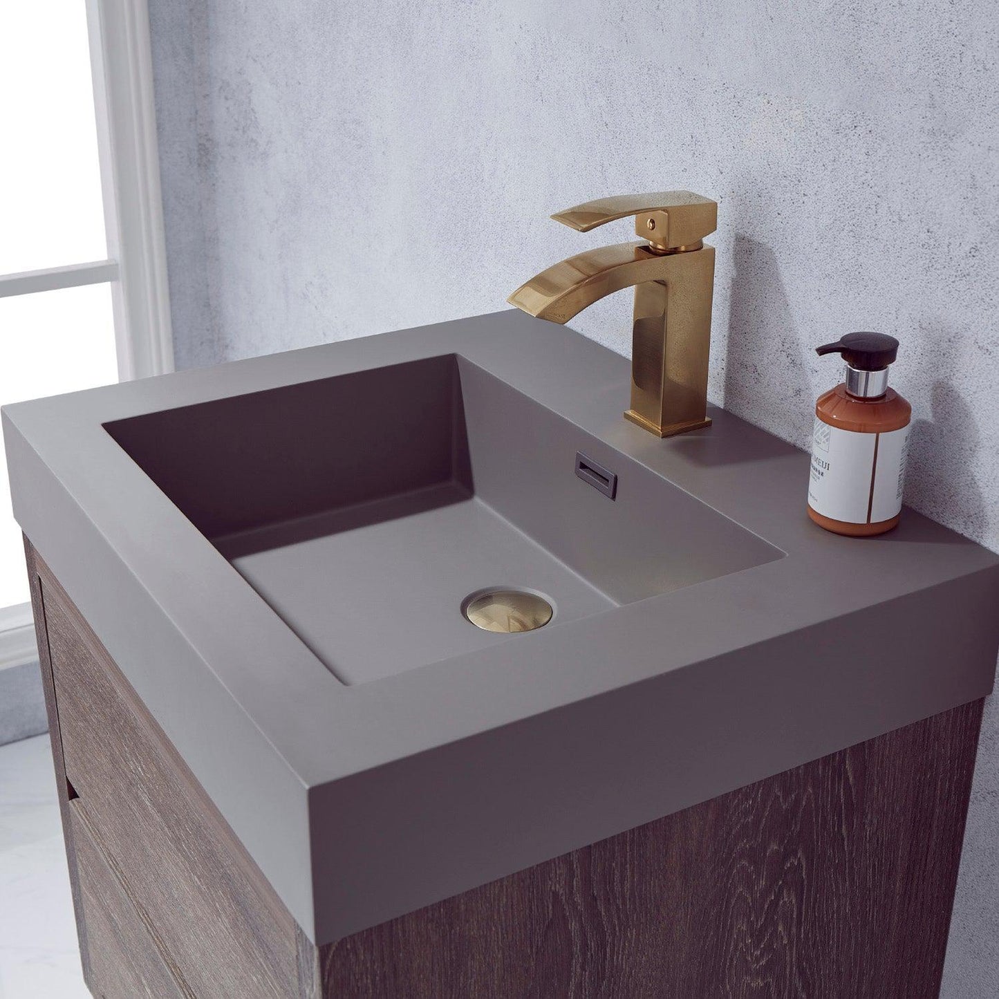 Vinnova Palencia 24" Single Sink Wall-Mount Bath Vanity In North Carolina Oak With Grey Composite Integral Square Sink Top