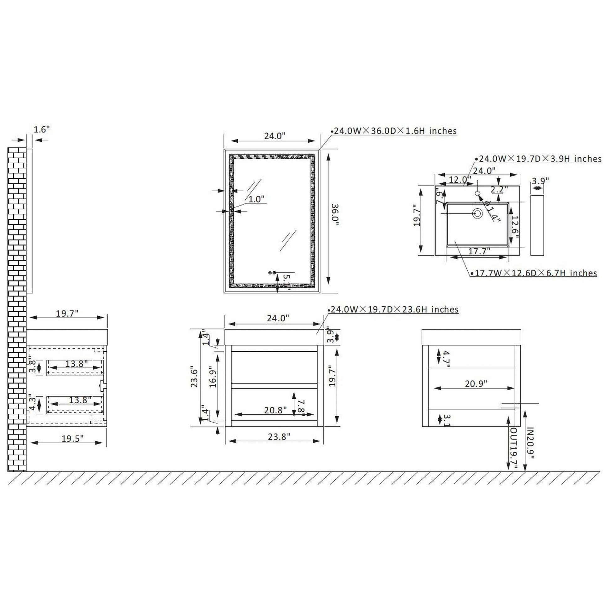 Vinnova Palencia 24" Single Sink Wall-Mount Bath Vanity In North Carolina Oak With Grey Composite Integral Square Sink Top And Mirror