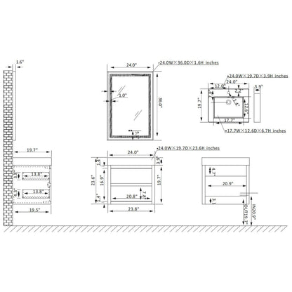 Vinnova Palencia 24" Single Sink Wall-Mount Bath Vanity In North Carolina Oak With Grey Composite Integral Square Sink Top And Mirror