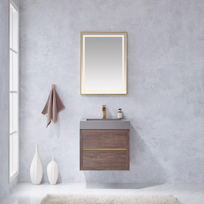 Vinnova Palencia 24" Single Sink Wall-Mount Bath Vanity In North Carolina Oak With Grey Composite Integral Square Sink Top And Mirror