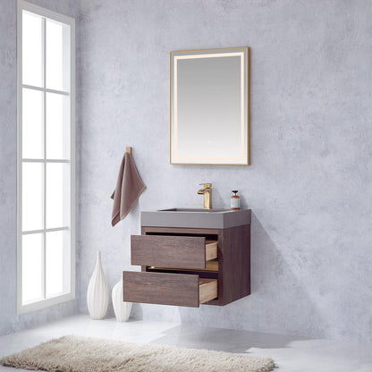 Vinnova Palencia 24" Single Sink Wall-Mount Bath Vanity In North Carolina Oak With Grey Composite Integral Square Sink Top And Mirror