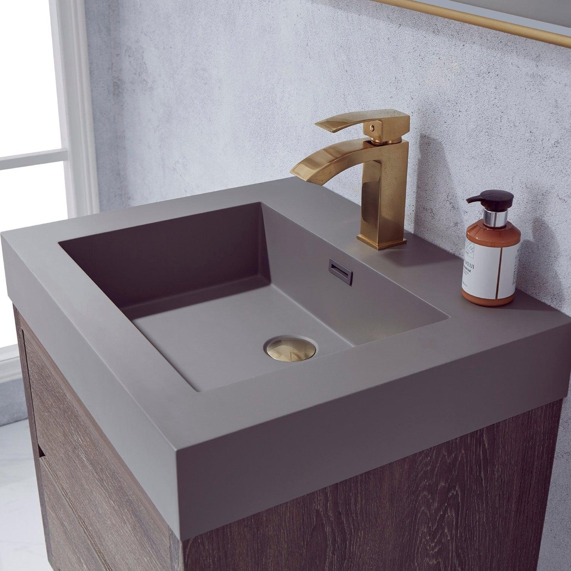 Vinnova Palencia 24" Single Sink Wall-Mount Bath Vanity In North Carolina Oak With Grey Composite Integral Square Sink Top And Mirror