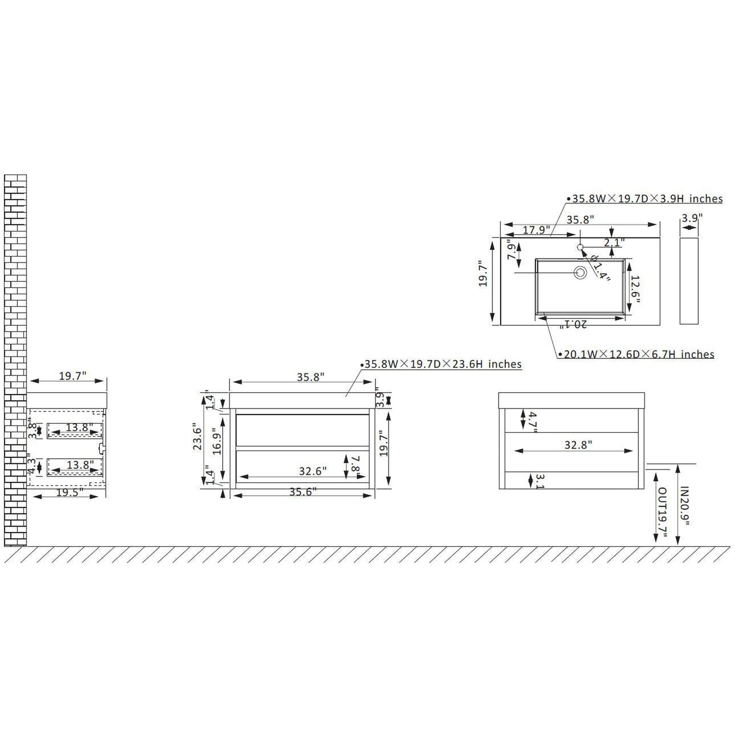 Vinnova Palencia 36" Single Sink Wall-Mount Bath Vanity In North American Oak With White Composite Integral Square Sink Top