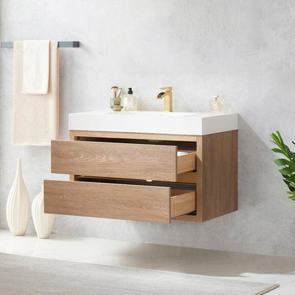 Vinnova Palencia 36" Single Sink Wall-Mount Bath Vanity In North American Oak With White Composite Integral Square Sink Top