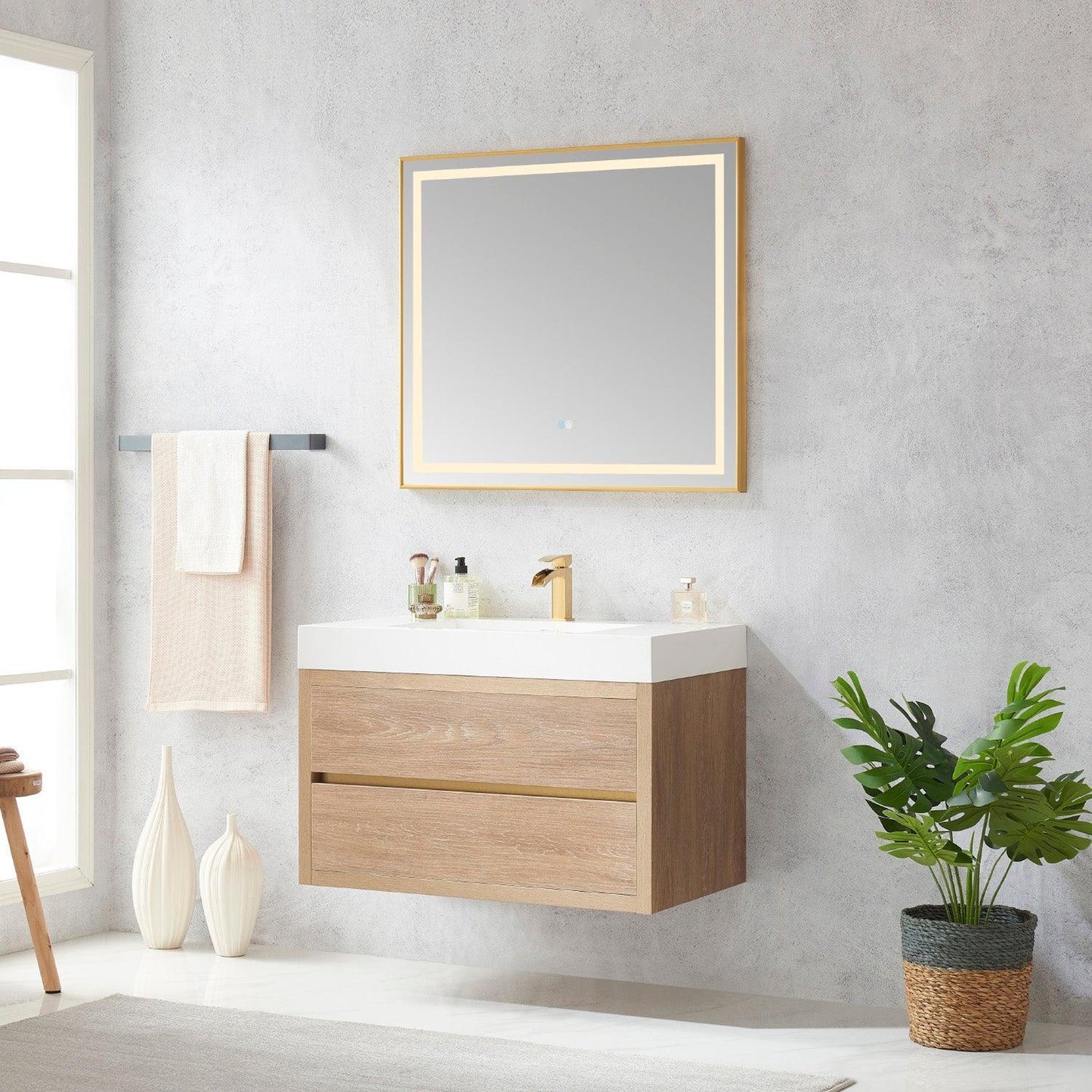 Vinnova Palencia 36" Single Sink Wall-Mount Bath Vanity In North American Oak With White Composite Integral Square Sink Top And Mirror