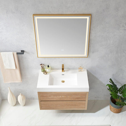 Vinnova Palencia 36" Single Sink Wall-Mount Bath Vanity In North American Oak With White Composite Integral Square Sink Top And Mirror