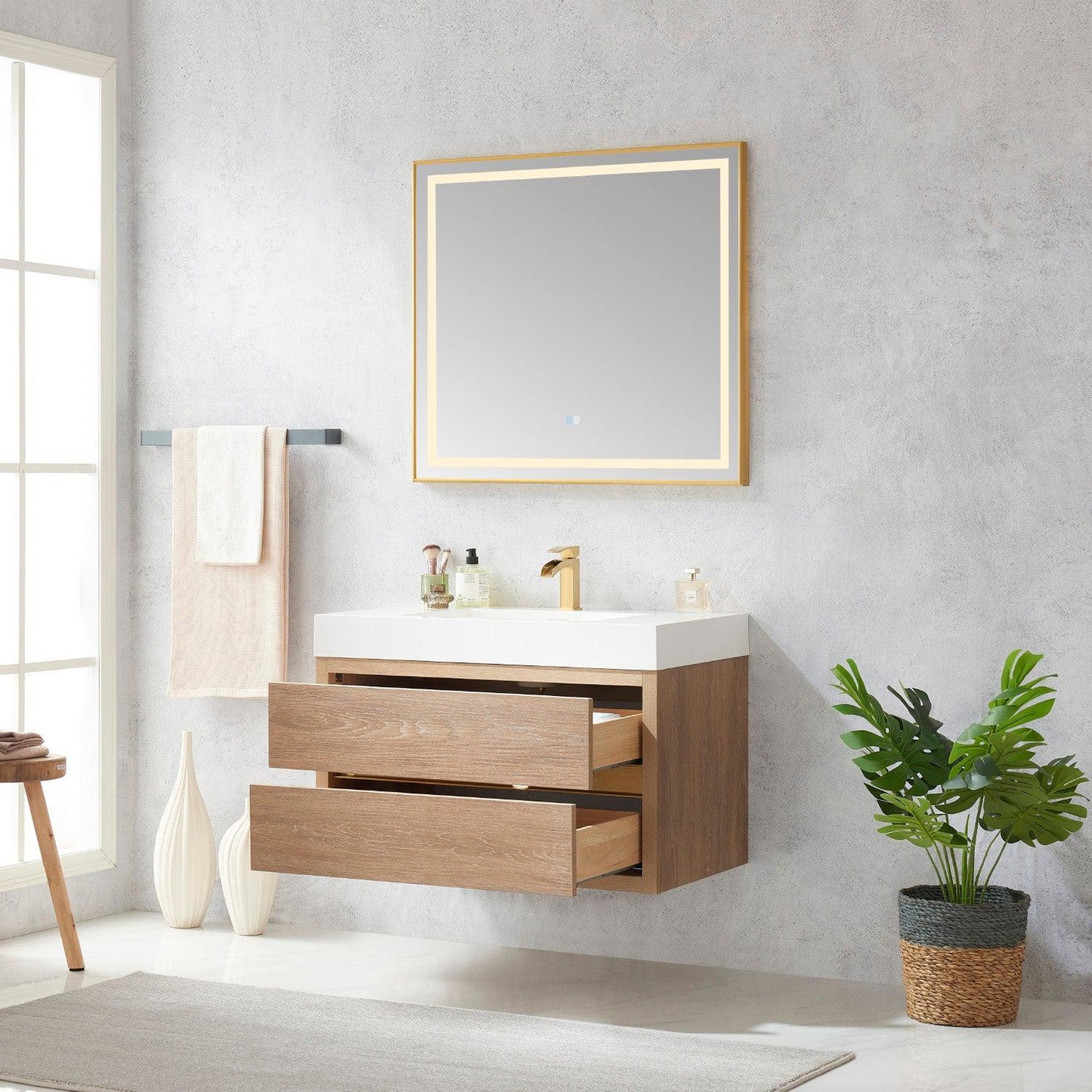 Vinnova Palencia 36" Single Sink Wall-Mount Bath Vanity In North American Oak With White Composite Integral Square Sink Top And Mirror